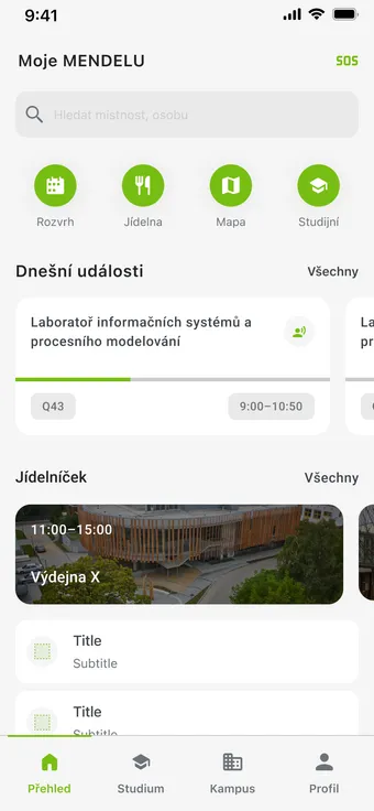 My MENDELU home screen with the timetable, canteen menu and today's events