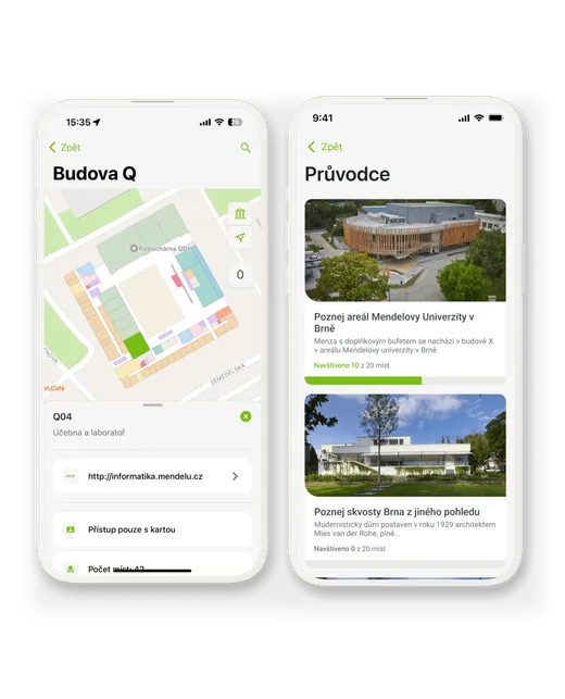 My MENDELU screenshots of the campus map and guide
