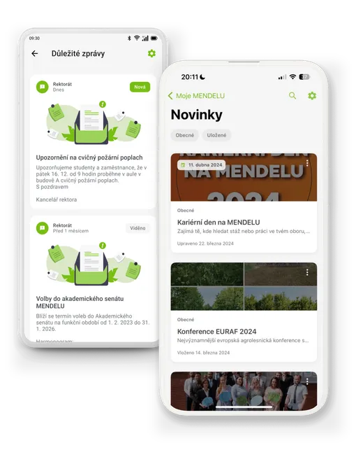 My MENDELU screenshots of the news feed and important messages