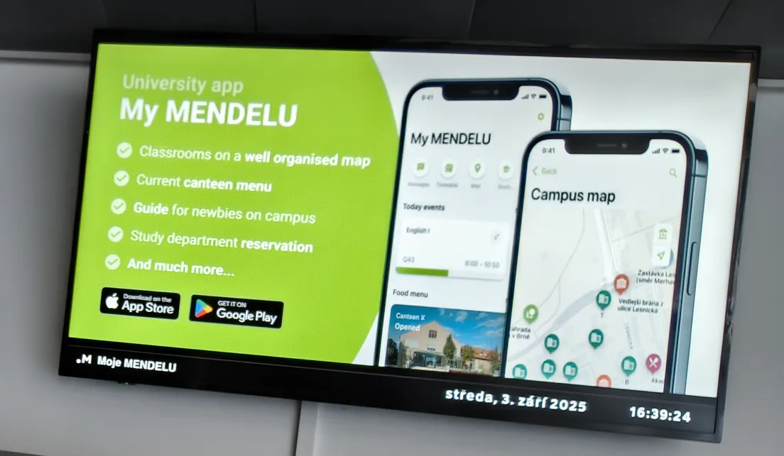 Smart display in a university corridor showing departures and campus information