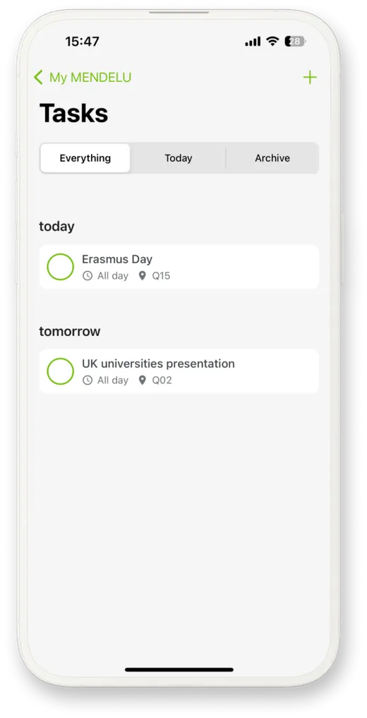 My MENDELU screenshots of the tasks module